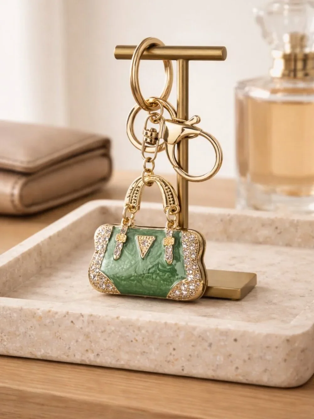 Mini Green Enamel with‎ Rhinestones Handbag Key Chain or Purse Ornament -…